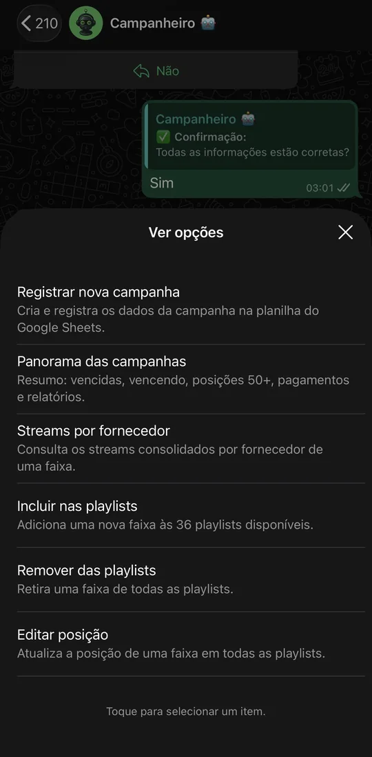 Menu do assistente no WhatsApp, com as ações disponíveis