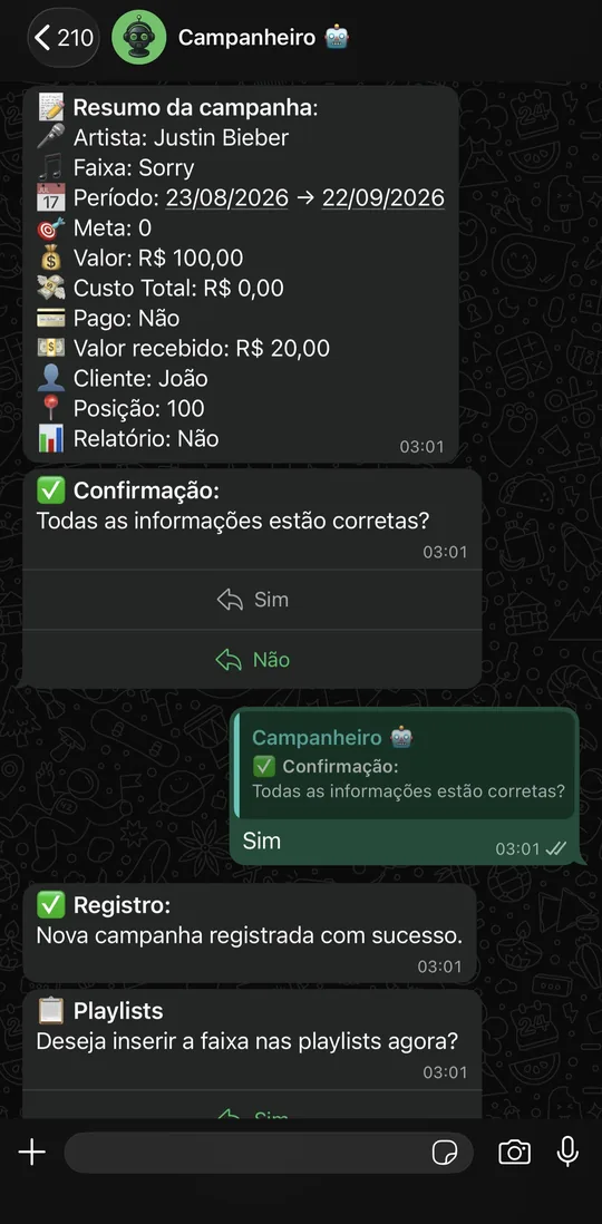 Resumo de uma campanha registrado pelo assistente
