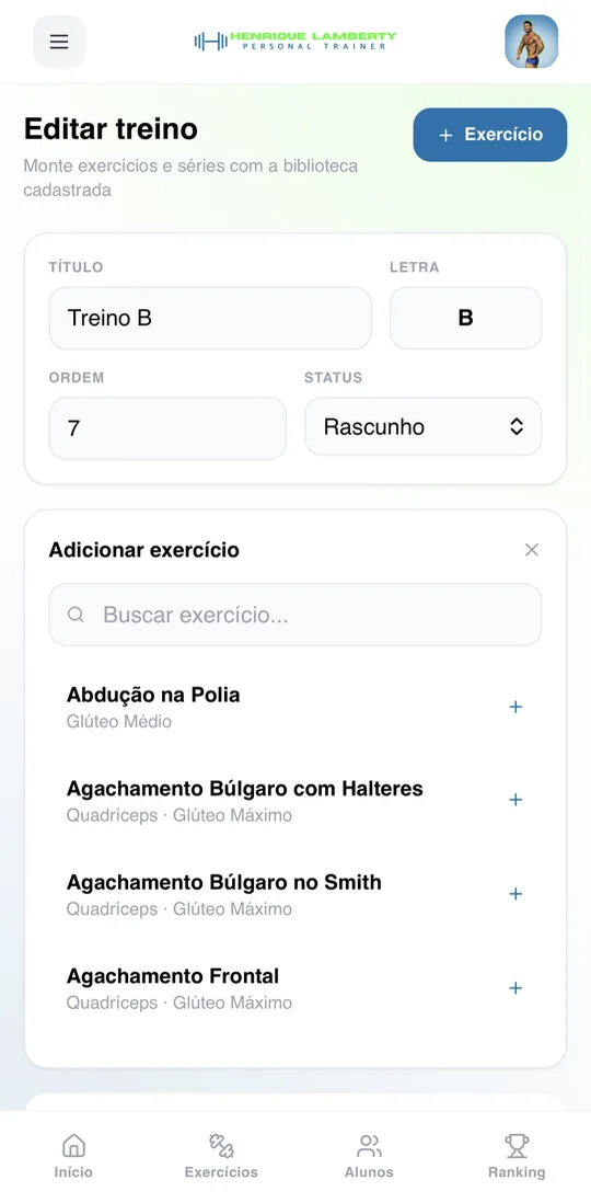 Painel do professor, montando a ficha de treino