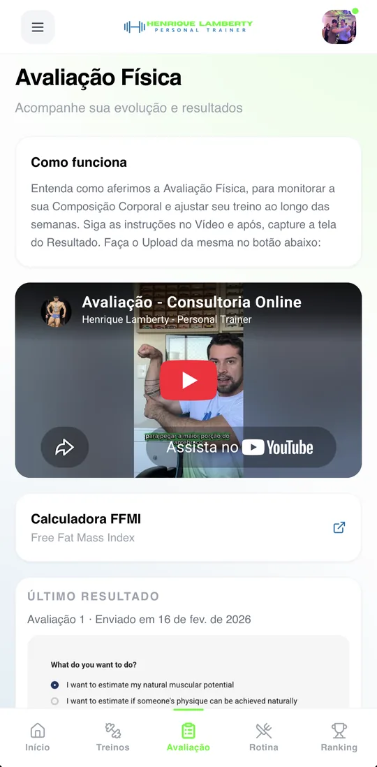 Tela de avaliação física do aluno