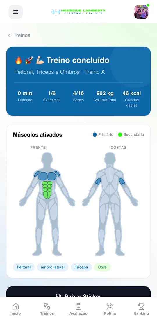 Resumo do treino concluído, com volume total e músculos ativados