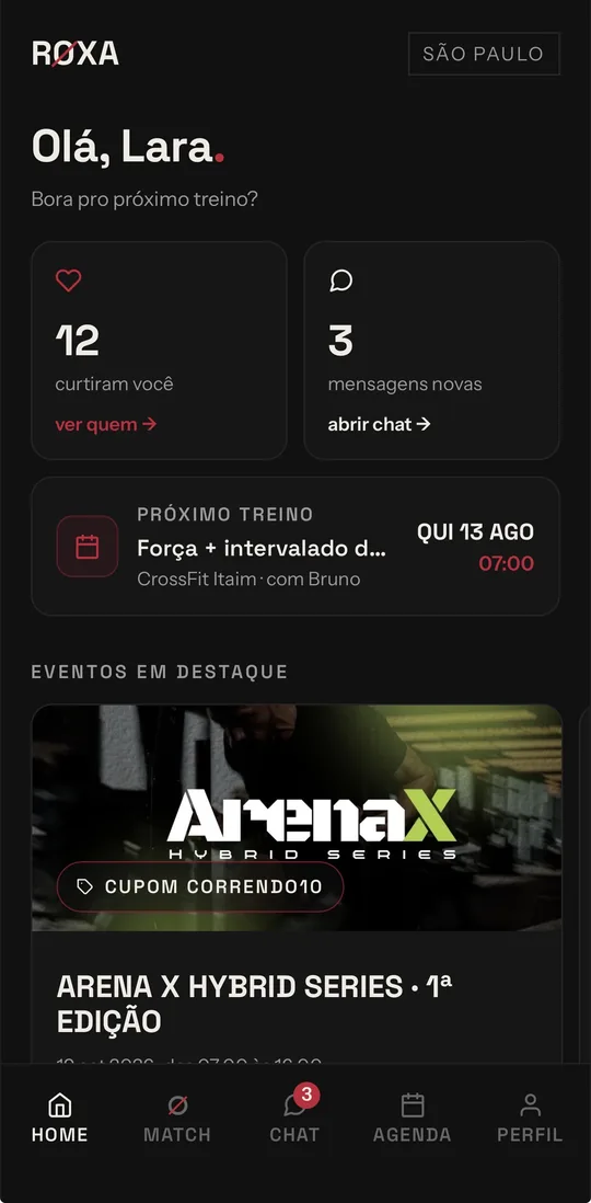 Tela inicial com curtidas, mensagens novas, o próximo treino e os eventos em destaque