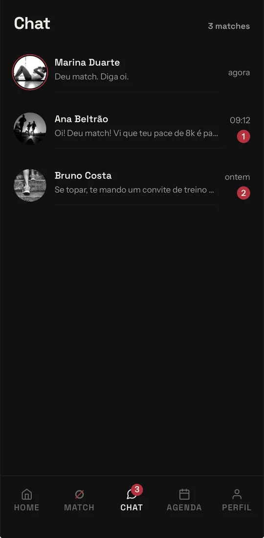 Lista de conversas liberadas pelos matches
