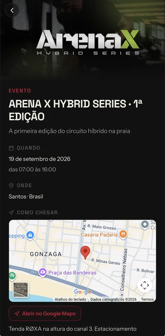Página de evento, com data, local e como chegar