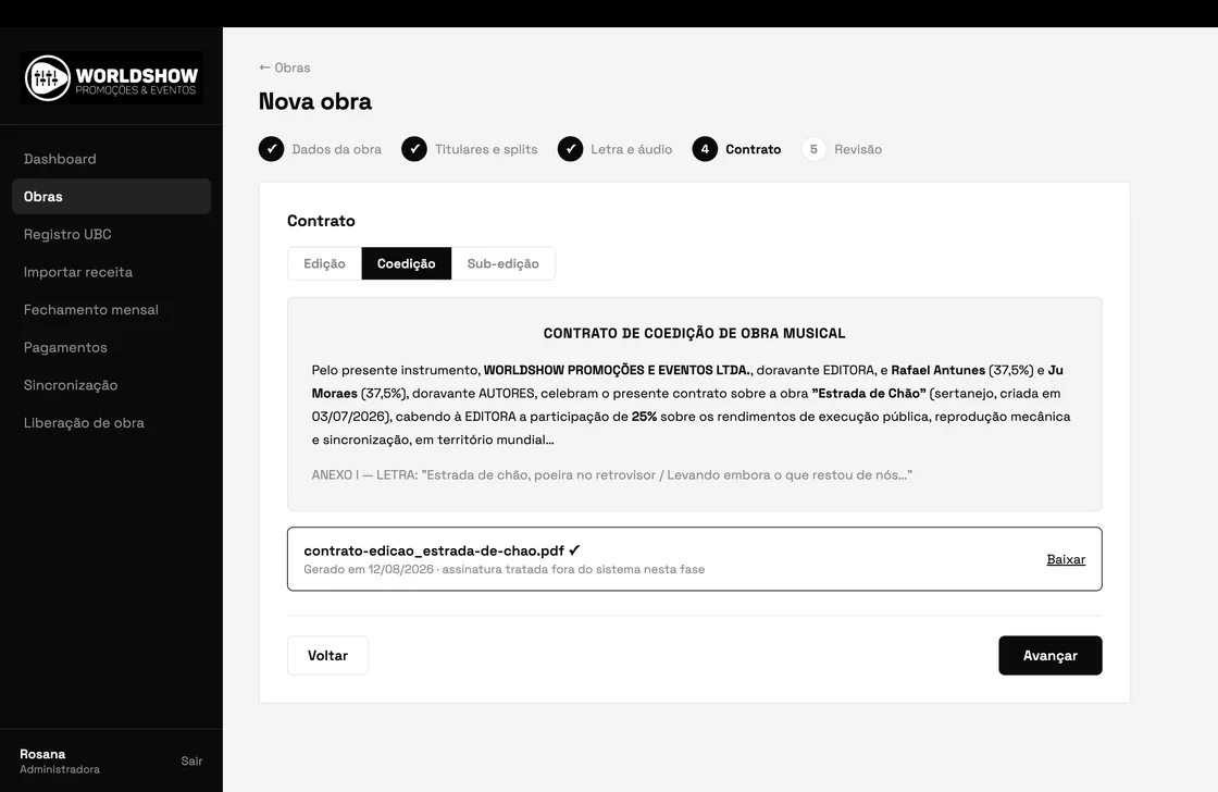 Contrato de coedição gerado pelo sistema